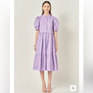 NWT ENGLISH FACTORY Button Closure Puff Sleeve Tiered Midi Dress in Purple